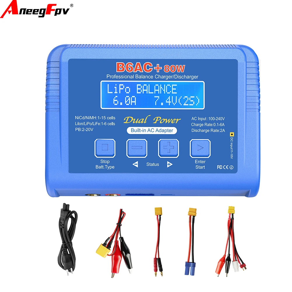 

Зарядное устройство IMAX B6AC+ 80W 0.1~6A для RC-аккумуляторов, 15V 6A, со встроенным адаптером для LiPo, NiMh, Li-ion, Ni-Cd, цифровое балансировочное зарядное-разрядное устройство