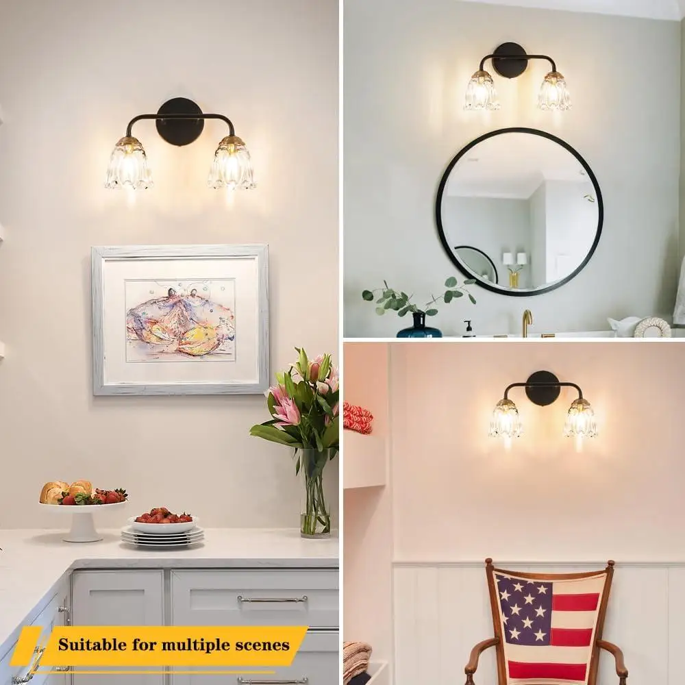 Toeletta da bagno antica a 2 luci, applique da parete in vetro trasparente, oro nero, base in ceramica stile vintage, facile installazione