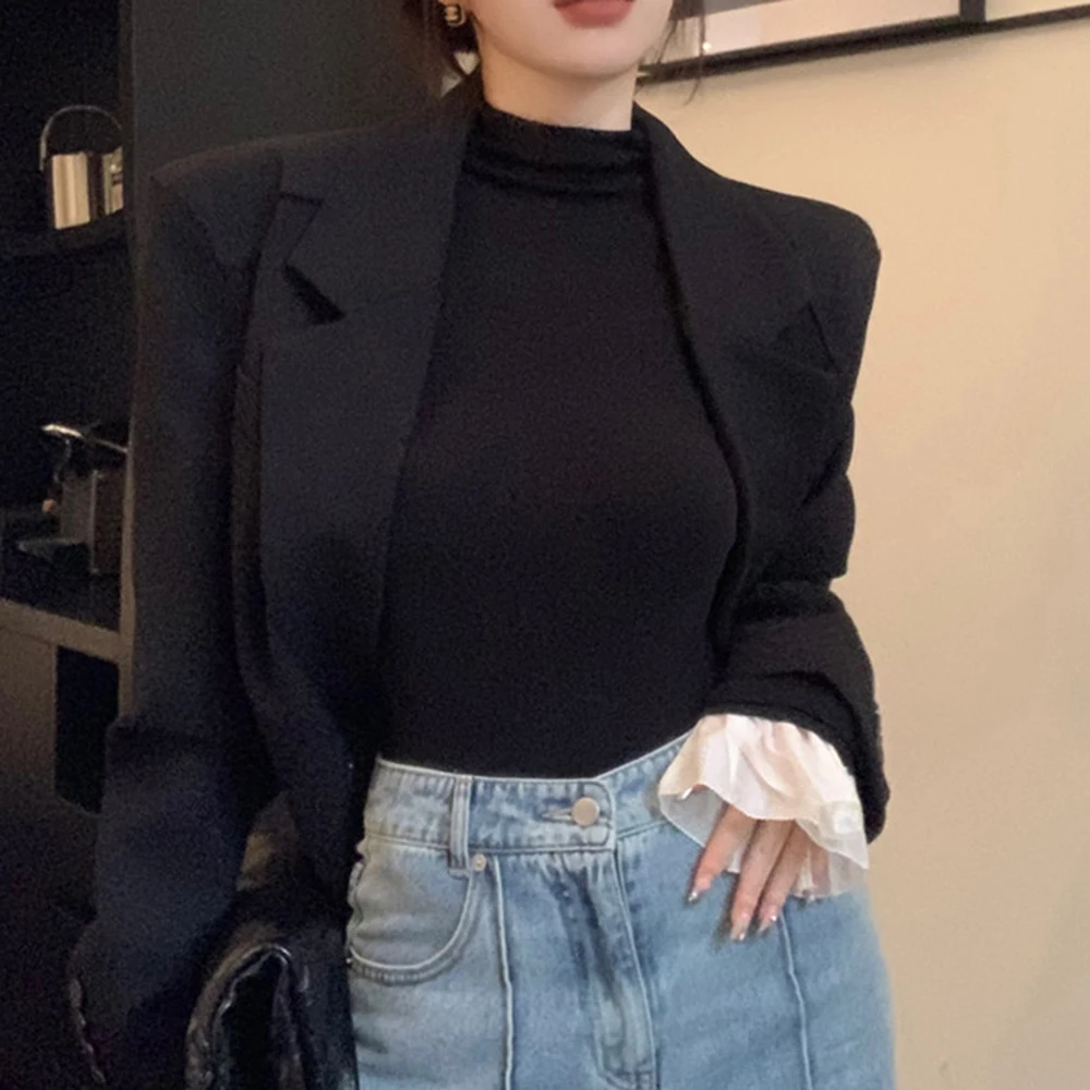 

Женская теплая блузка с вельветовой подкладкой из полиэстера, умеренная эластичность, однотонная, стандартная длина