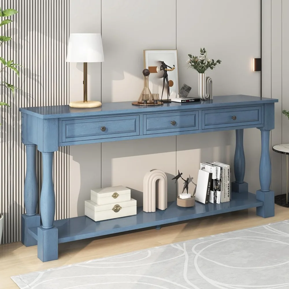 

Long Console Table with 3 Drawers and Bottom Shelf,W/Open Countertop,Entryway Living Room Bedroom,Easy to Assemble,Navy, 63"