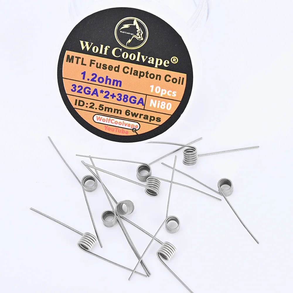 10 pz/scatola wolfcoolvape MTL Fused Clapton bobina 1.2ohm 32GA * 2 + 38GA Ni80 materiale per vape rda rta MTL bobine atomizzatore