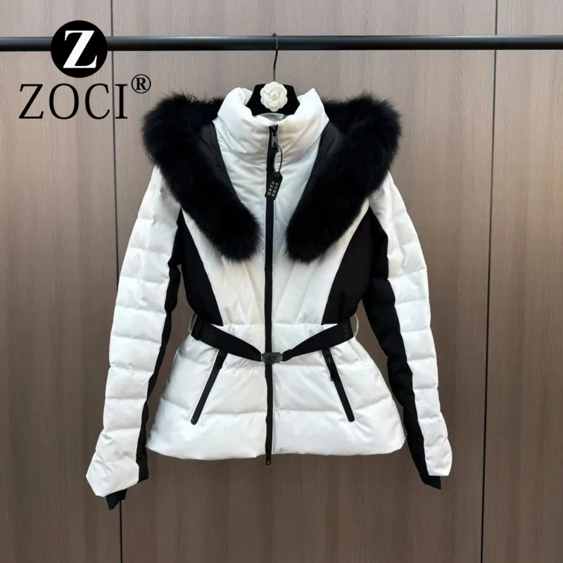 [ZOCI] Winter Hooded Fur Design Black White Contrast Belt Waist Ski Down Jacket Trendy