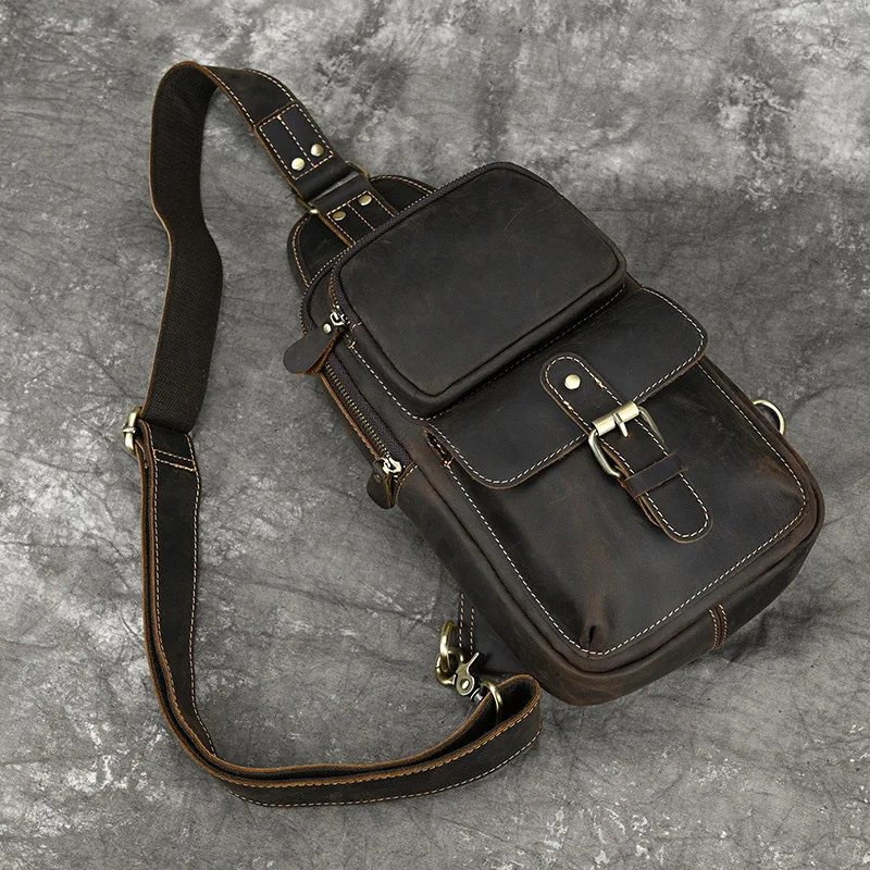 Genuine Leather Sling Bag Crossbody Casual Hiking Daypack Vintage Handmade Chest Bag Shoulder Backpack Motorcycle Pack