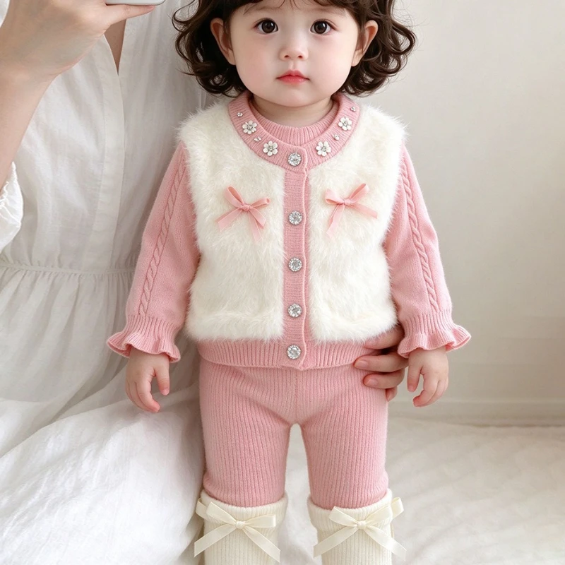 Girls' Knitted Set 2026 Autumn/Winter New Soft Cute Bow Hairy Splicing Cute Cardigan Women's Treasure Two Piece Set