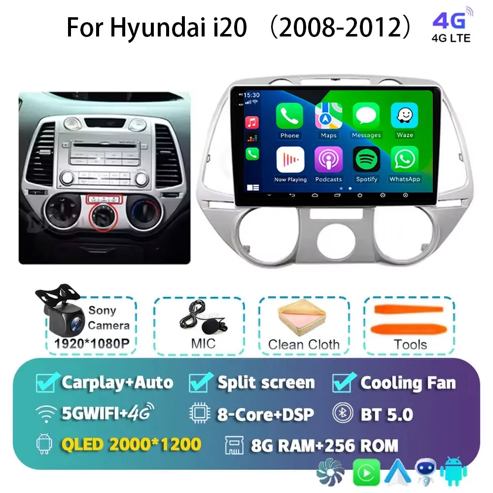 Android 15 Carplay Voor Hyundai i20 2008 2009 2010 2011 2012 Autoradio Stereo Multimedia Video Player WIFI Touchscreen