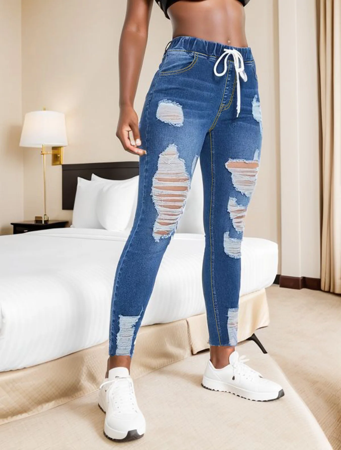 2023 Autumn New Women\'s Elastic Waist Ripped Jeans Fashion Skinny High Stretch Denim Pencil Pants Casual Slim Ladies Jeans S-2XL