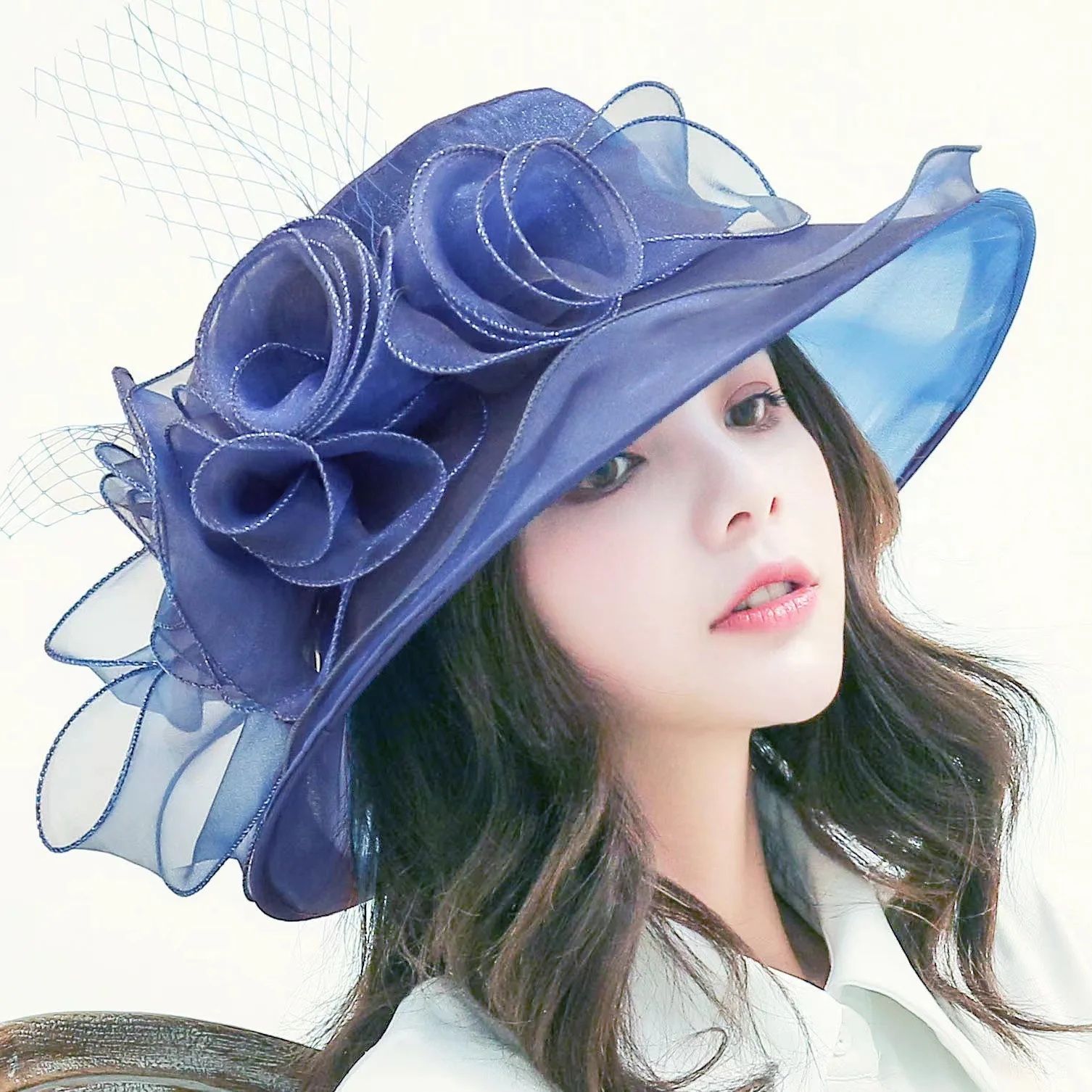 

Elegant Women's Sun Hat Spring Summer Foldable Wide Brim UV Protection with Woven Flowers Breathable Organza Material 56-58cm