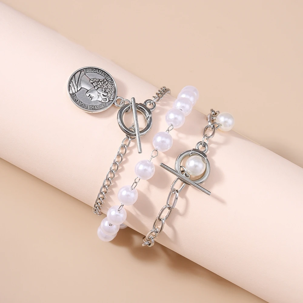 Aihua 3pcs/set Fashion Pearls Elizabeth Coin Bracelet & Bangle Trendy Color Chain OT Link Bracelet Women Bijoux Gifts