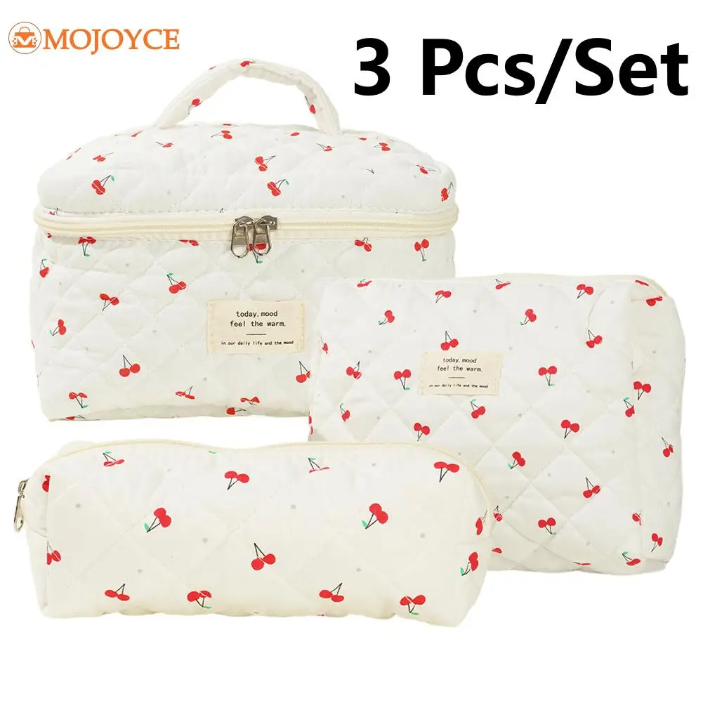 3pcs/set Quilted Women's Cosmetic Bags Large Capacity Makeup Pouch with Clutch Bag&Pen Case Cherry Pattern Cute Wash Storage Bag