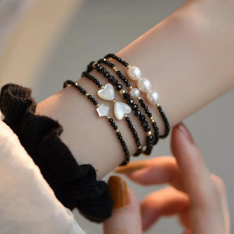 Colorful Fritillaria Black Spinel Bow Stars Love Pearl Bracelet High-grade Light Luxury HandString Lady Gift For Women's Jewelry