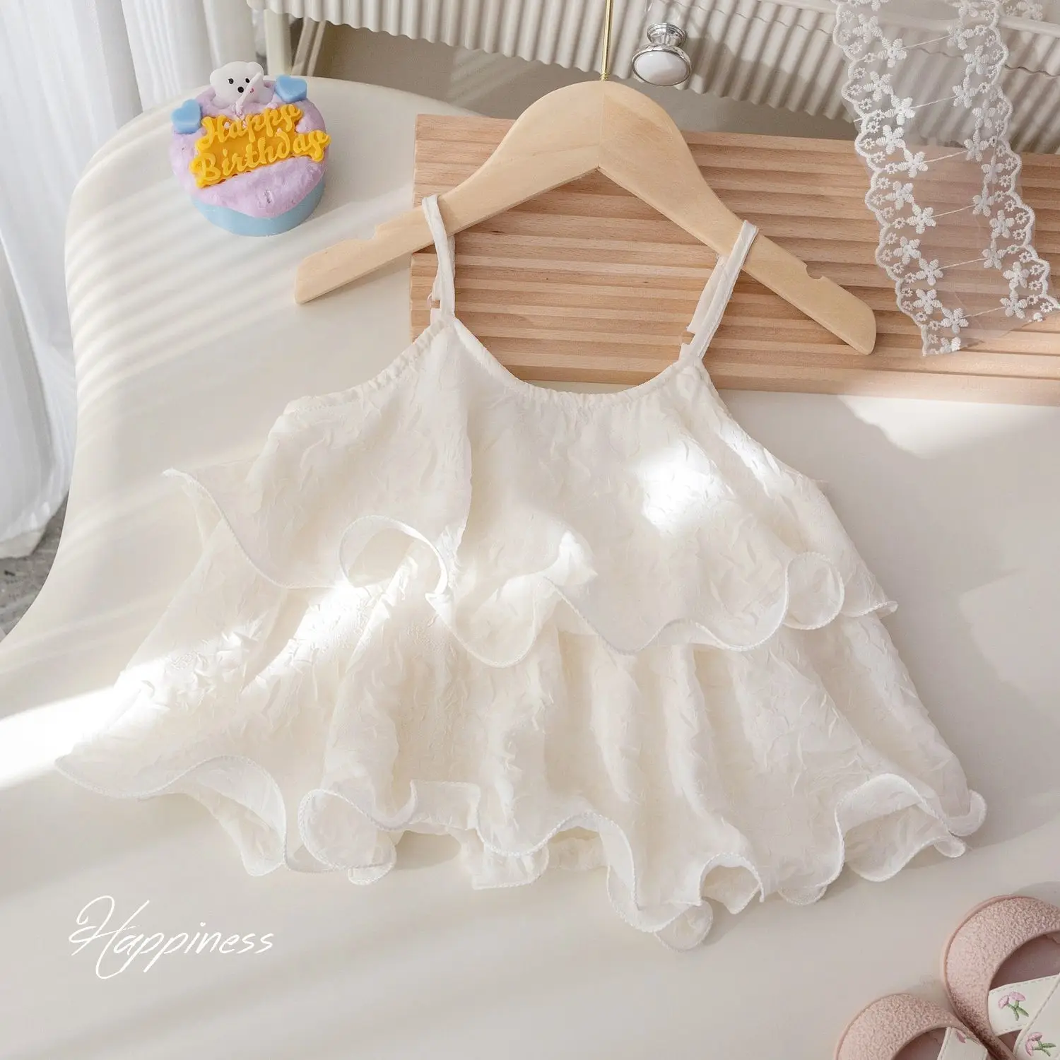 Baby Girls Lace Sling Tops Beige Pink Double-layer Camisole 2025 New Kids Girls Princess Summer Sleeveless Tops Korean Style