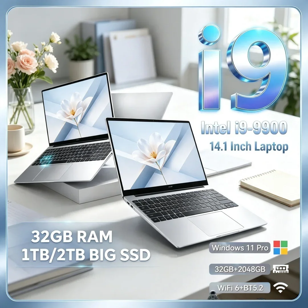 14.1 Inch New Arrival Ultra Slim Laptop Intel i9-9900 16/32GB RAM 1TB/2TB Big SSD Portable Windows11 Office Study Notebook