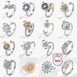 Spinning Daisy Flower Bee Anxiety Ring for Women Rotatable Adjustable Crystal Star Moon Spinner Fidget Rings Unusual Gift