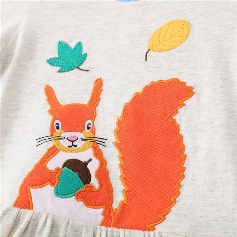 Jumping Meters New Arrival Squirrel Applique Autumn Children\'s Girls Dresses Long Sleeve Princess Birthday Gift Hot Selling Tops