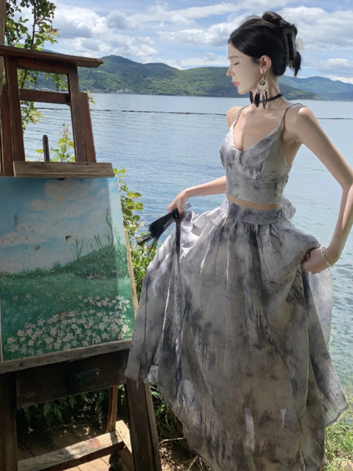 High Waist Halter Neck Print  Dress And Skirt Set Women's Black White Two Piece Suit Summer New Arrival Custom Made