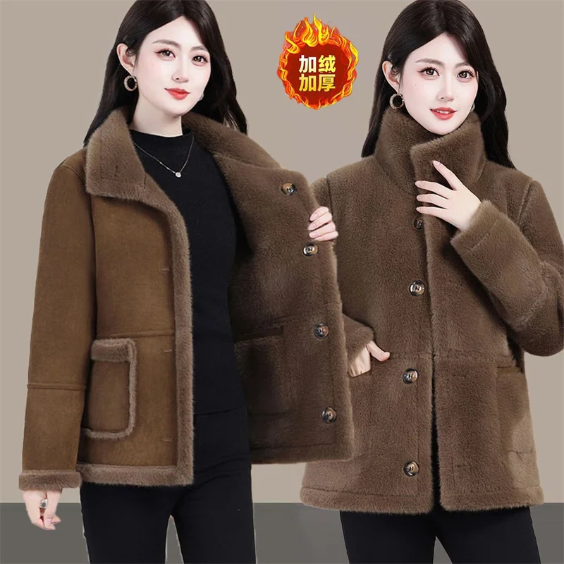 Winter Lady Double Sided Fur One Piece Loose Cotton Padded Top Women Large Size 4XL Down Cotton Jacket Female Casual Padded Coat