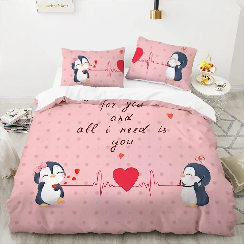 Cartoon Animal Duvet Cover Set Queen Size Lovely Heart Penguin Bedding Set for Kids Baby All I Need Is You Polyester Quilt Cover