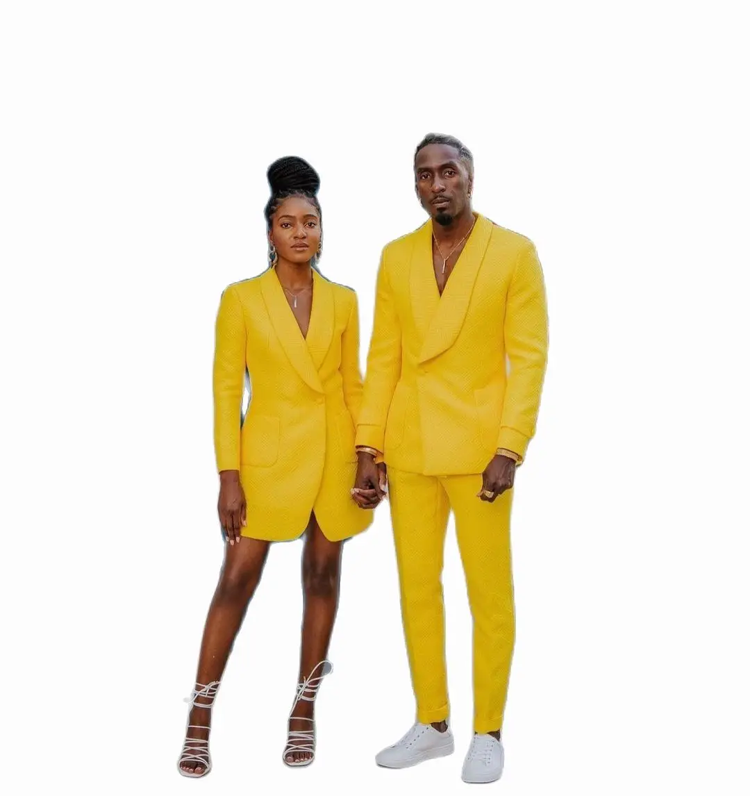 

2024 Couple Yellow Suits Shawl Lapel Tuxedo Beach Wedding Men Suit 2 Piece Formal Men Blazer Custom Made