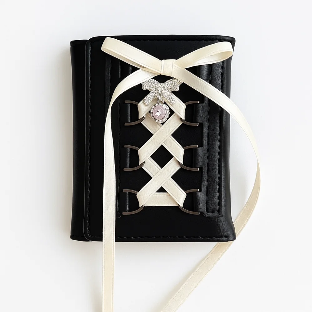 Korean Style Balletcore Three Fold Wallet Heart Crystal Short Bow Cash Purse Bag PU Leather Silk Ribbon