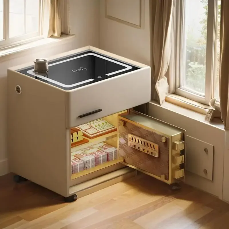 Mesita de noche inteligente, segura, integrada, sencilla, moderna, con carga inalámbrica, cerradura de huella digital, mesita de noche de madera maciza para dormitorio