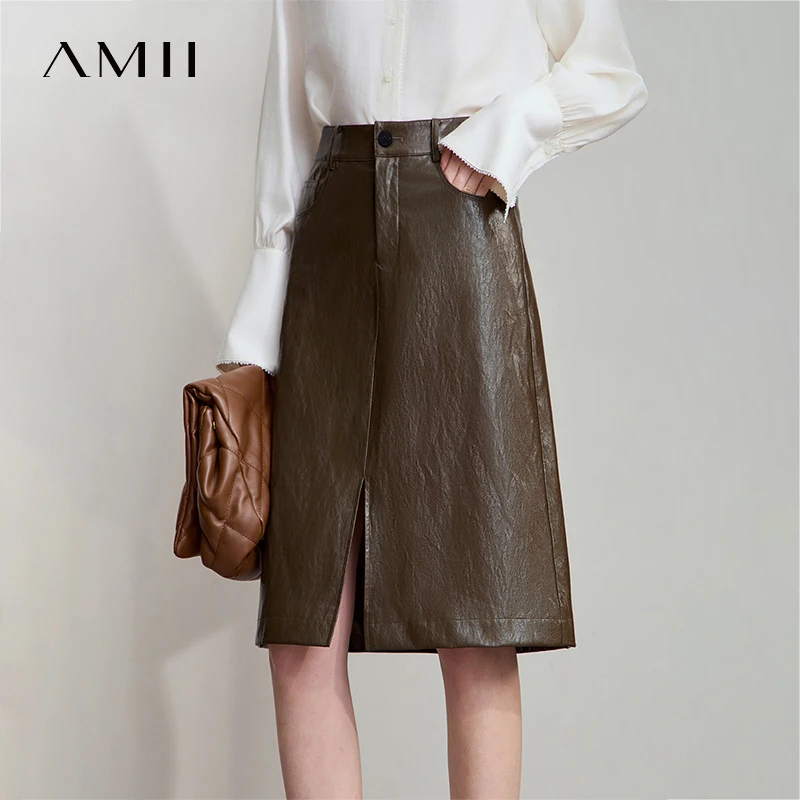 AMII Minimalist PU Leather Skirt For Women 2026 American Retro Knee-Length Skirt Solid Basics Business Women's Clothing 12553014