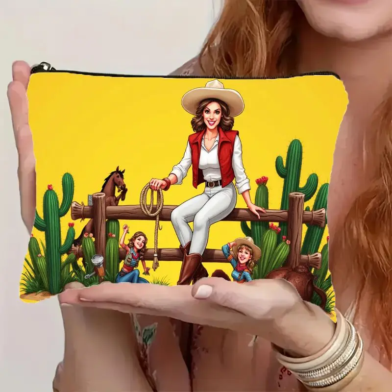 Western Cowgirl Print Makeup Bag - Cowgirl & Horse Desert Scene Zippered Cosmetic Pouch, Toiletry Organizer with Rodeo Theme