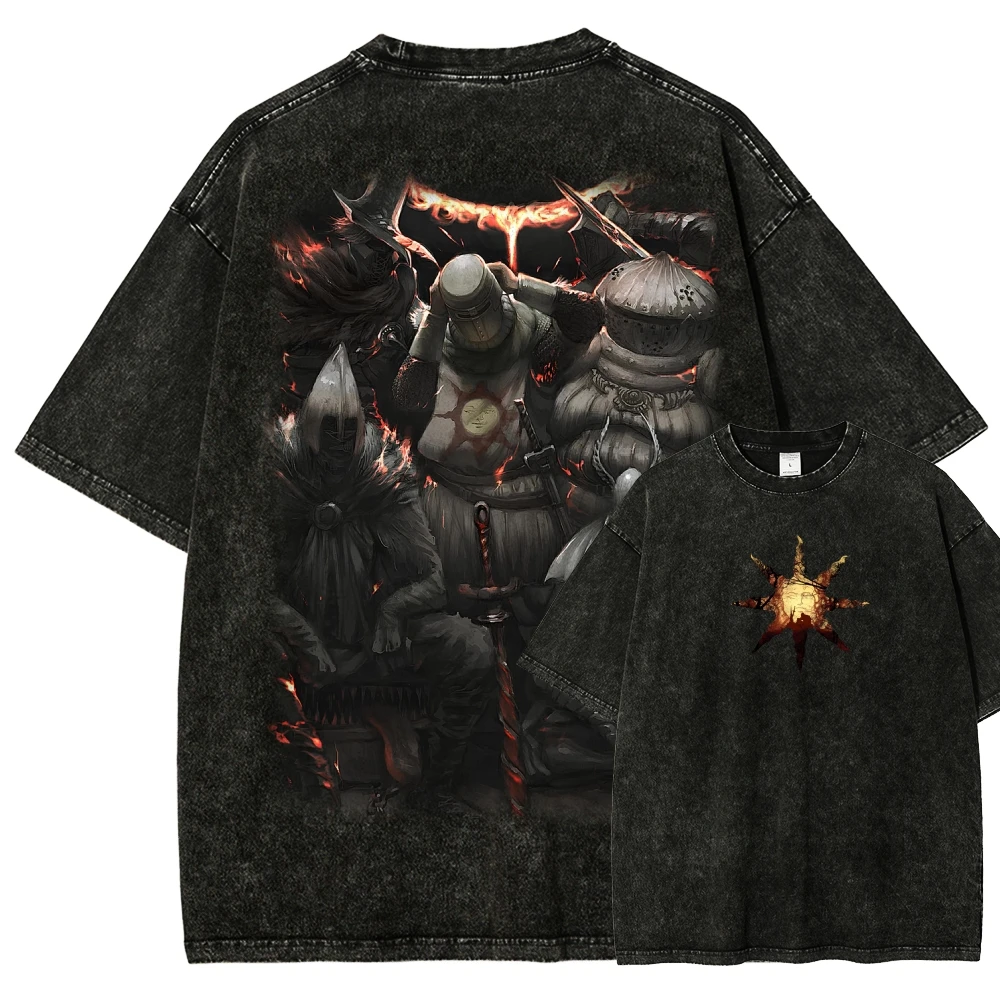 Hot Action Role-playing Game Dark Souls Graphic Print T-shirt Women Men Summer New Tee Retro Washed O-neck Cotton Oversized Top