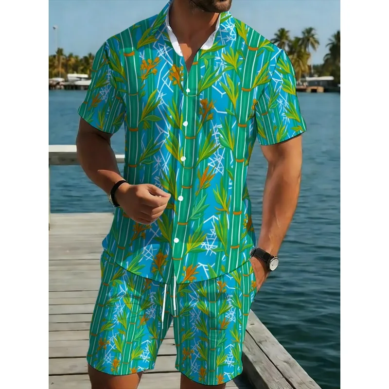 Men's Tropical Leaf Print Shirt Short Set Polyester Beachwear Vacation Casual Holiday Outfit Bright Green Comfortable Breathable