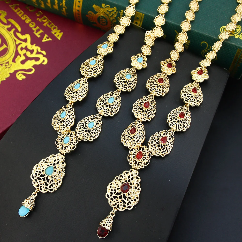 Sunspicems Charm Morocco Choker Necklace For Women Gold Color Droplet Crystal Necklace Hollow Arabesque Bride Wedding Jewelry