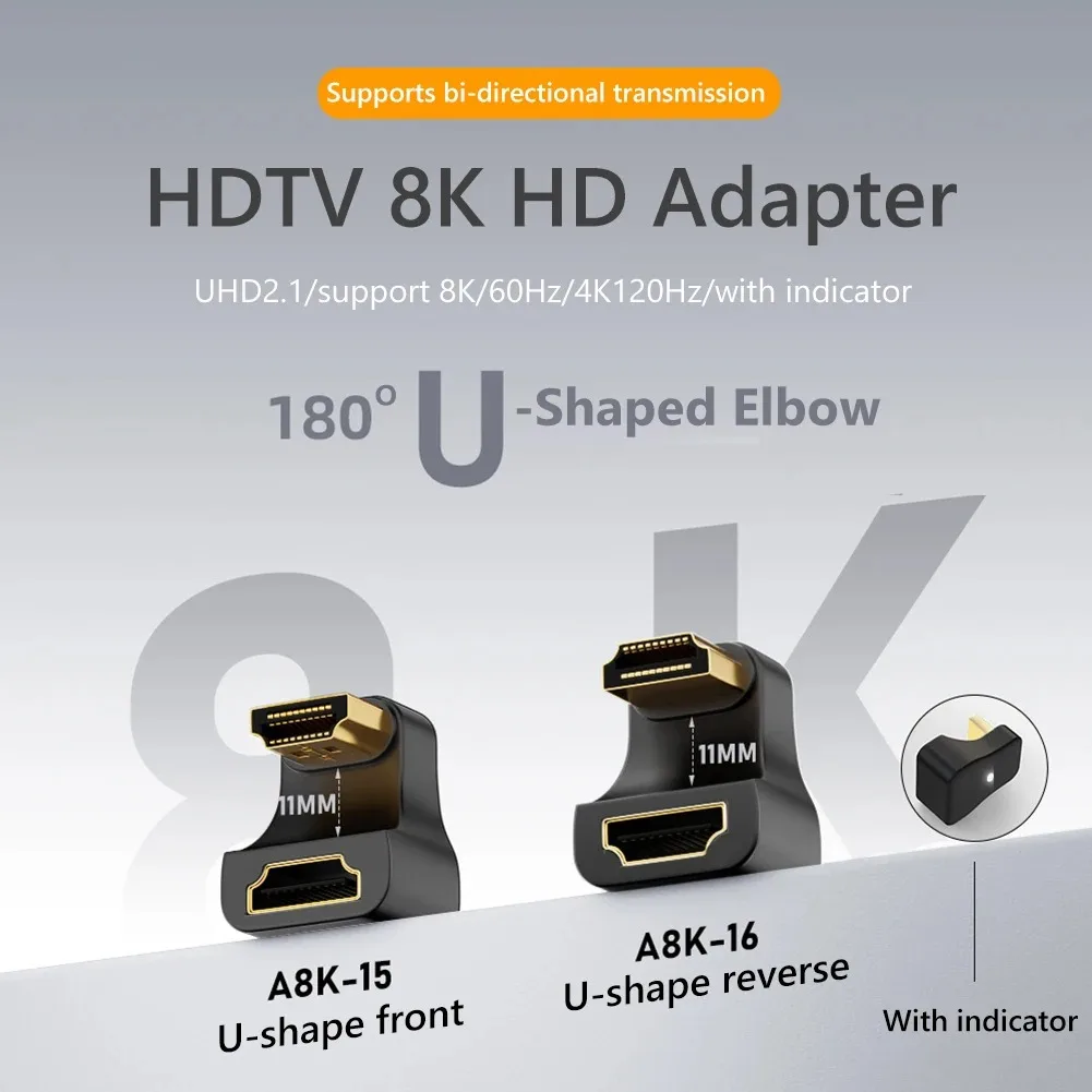 Адаптеры 8K UHD, совместимые с HDMI, U-образные адаптеры, понижающийся угол, преобразователь мини-HD в HD для монитора, планшета, видеокамеры, ноутбука