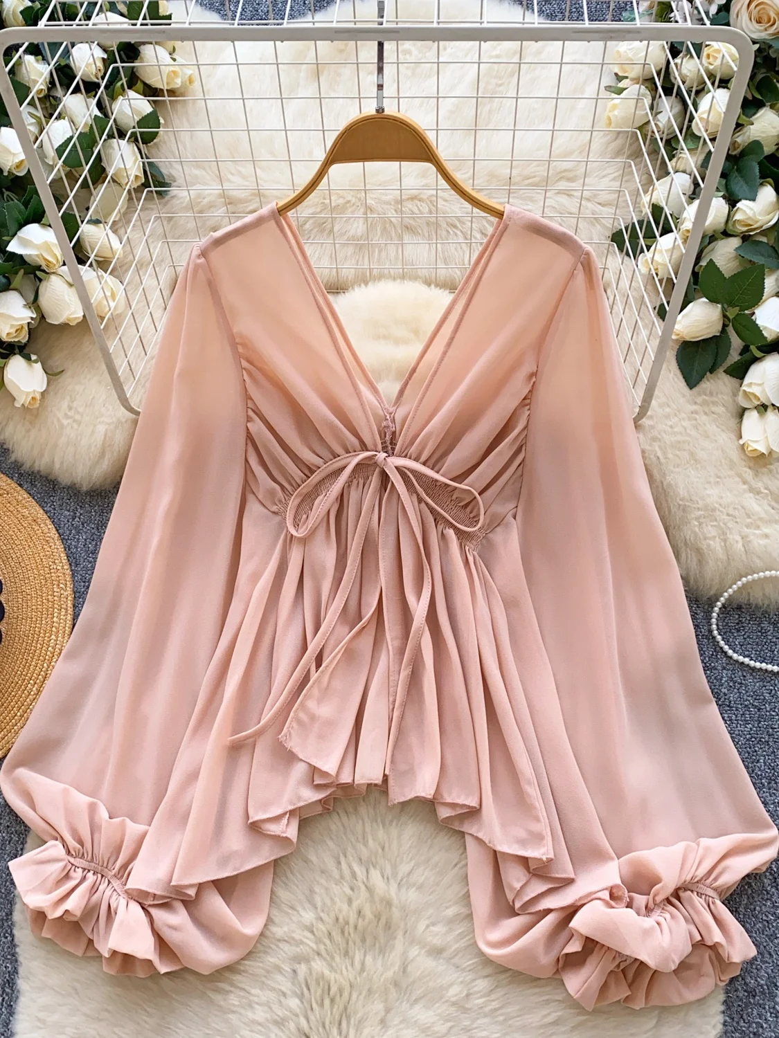 Vento suave sle v-ne lanterna sve fenda chiffon irt feminino solto ajuste fino outono faionable topo botão longo sve