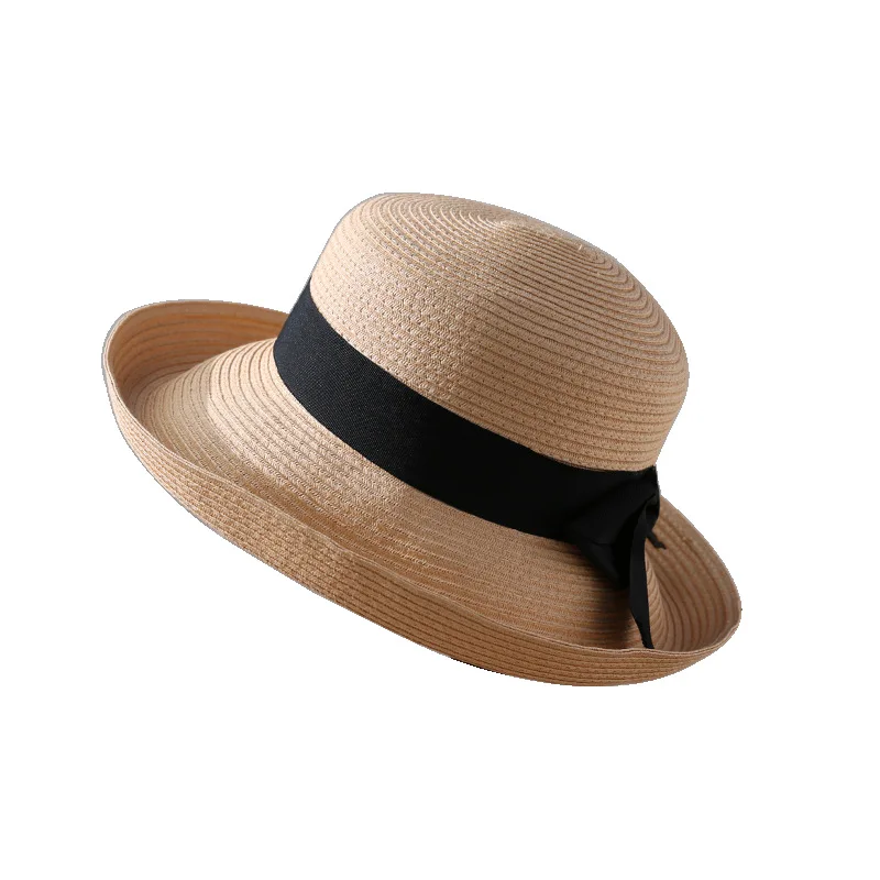 INS Curl Wide Side Beach Sun Hat Women\'s Summer Collapsible Fisherman Sunscreen Basin Cap Summer Bow Straw Hats for Women