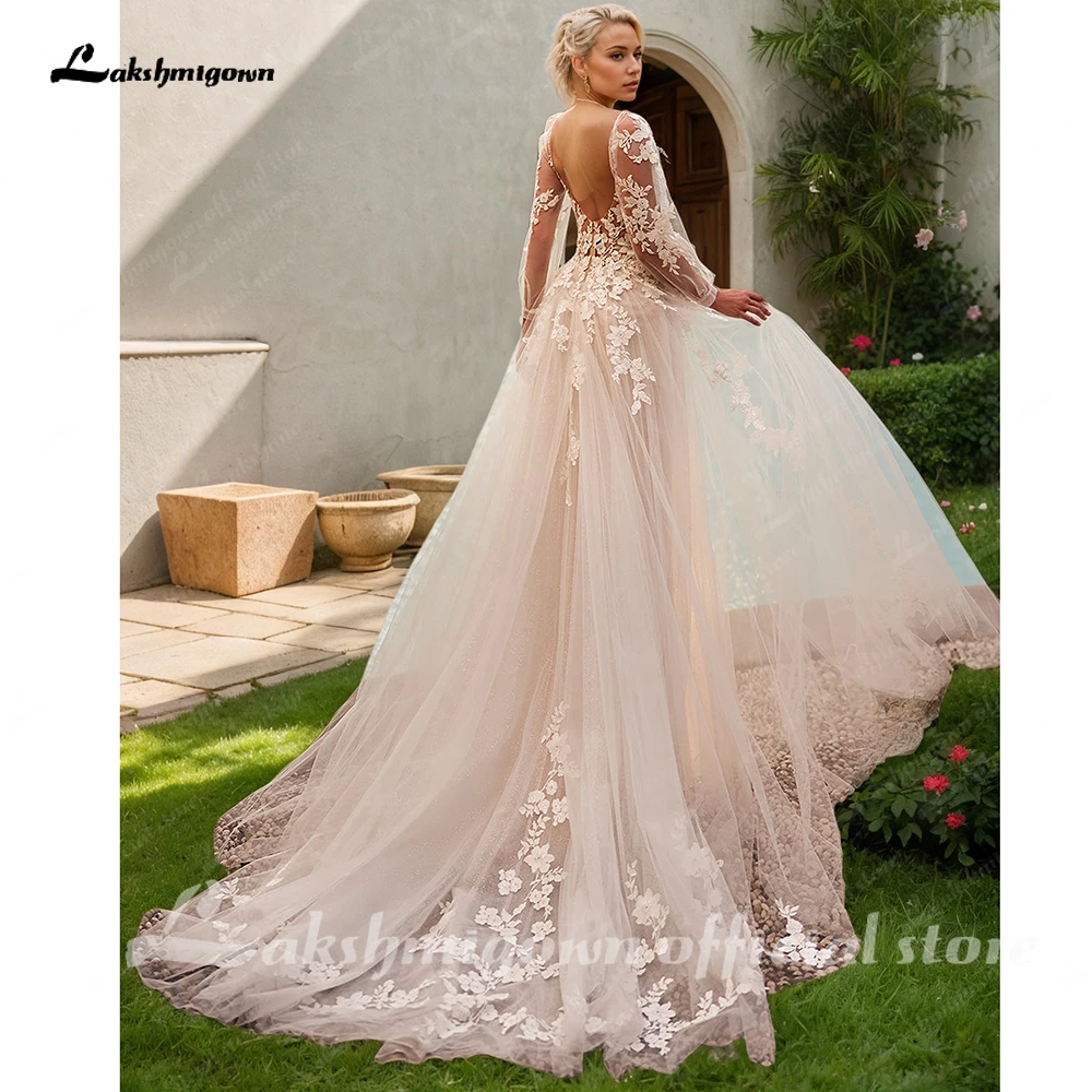 Lakshmigown Brautkleid mit V-Ausschnitt, aus Tüll, mit abnehmbaren Ärmeln, Spitze, rückenfreiem Design, elegant, A-Linien-Schnitt, nach Maß gefertigt. – Detail 6