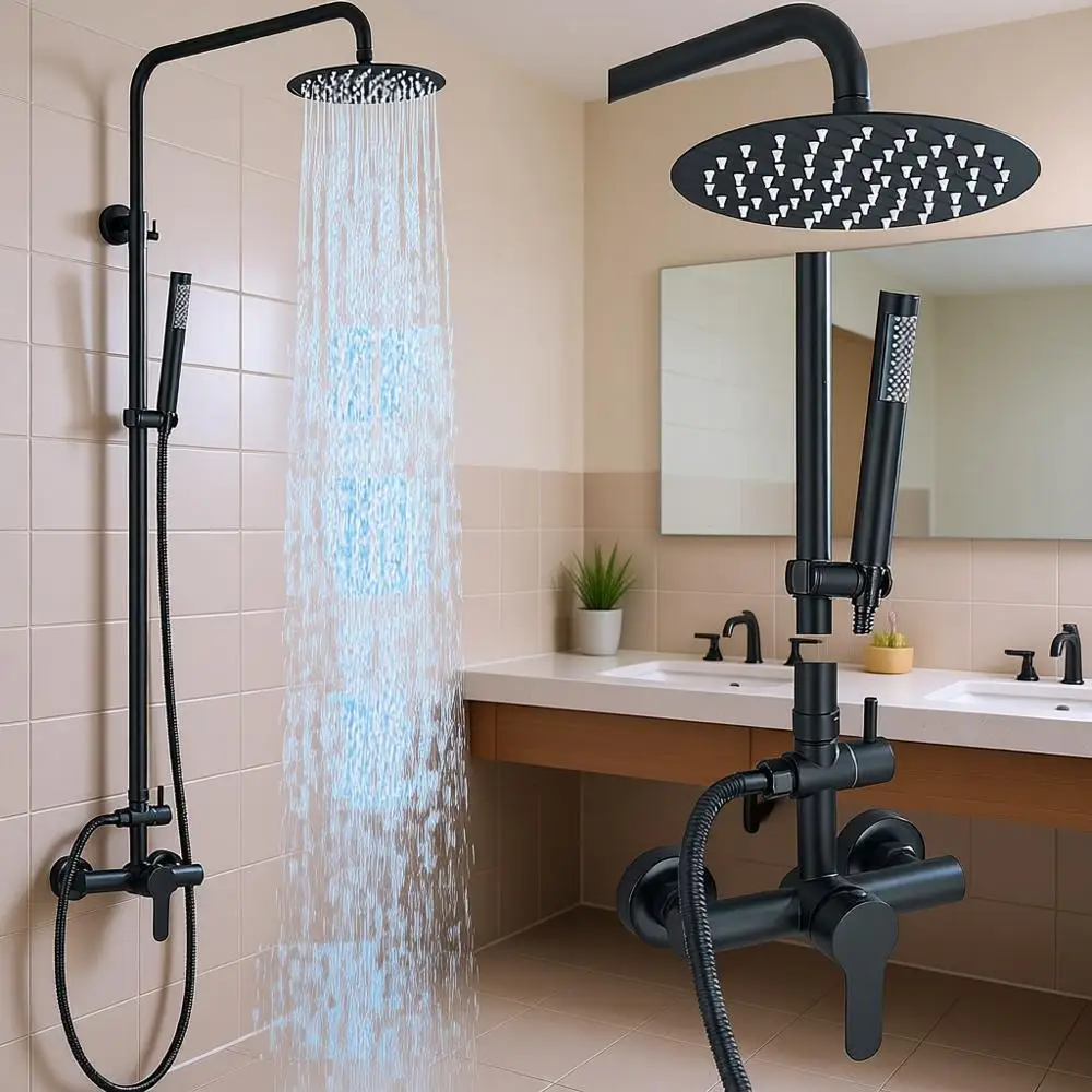 

Matte Black Outdoor Shower Fixtures with 8 Rain Shower Handheld Sprayer Single Handle 304 Stainless Steel Wall Mounted Shower Fa