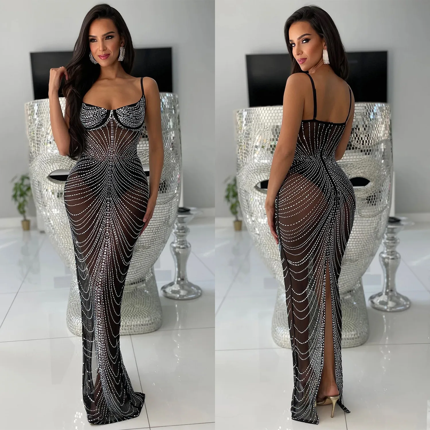 Black Nude Mesh Rhinestone Birthday Party Prom Sexy Bodycon Dress Long Luxury See Through Night Club Outfits Women Evening Gowns