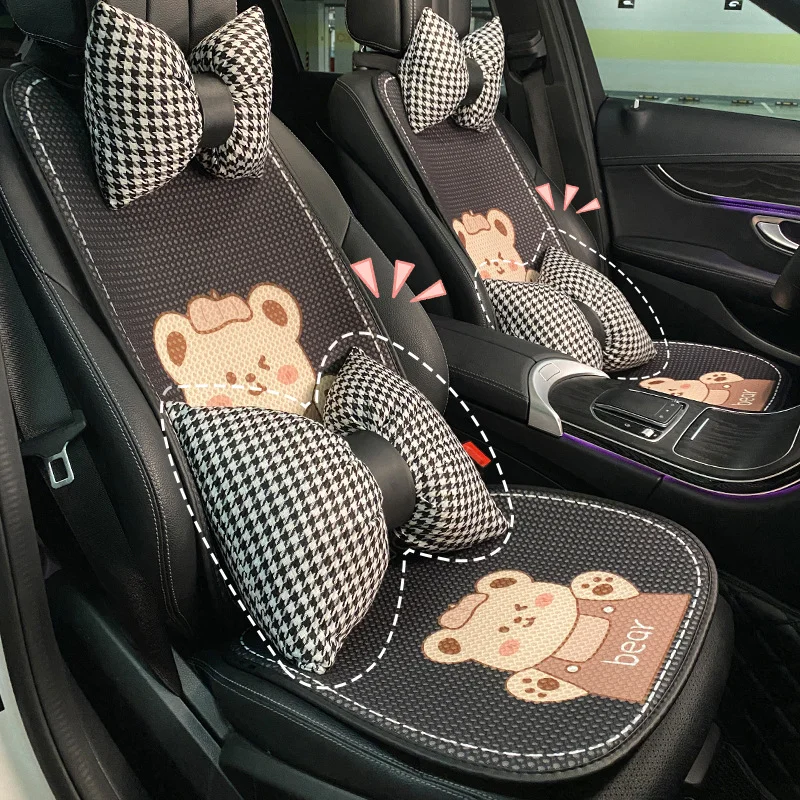 Summer Black Cartoon Bear Car Seat Cushion Comfortable Ice Mesh Fabric Four Seasons General Purpose Car Seat Cushion