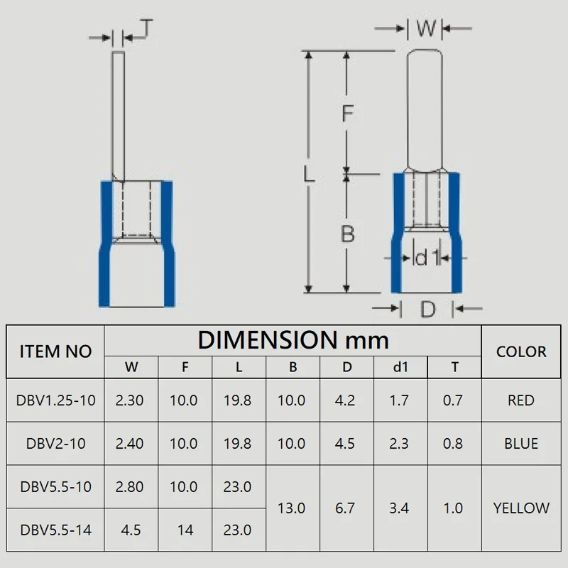 50-500PCS Pure Copper Blade Terminals Insulated Crimp Terminals DBV1.25/2/5.5 Cold Press Terminal Wire Electrical Connector