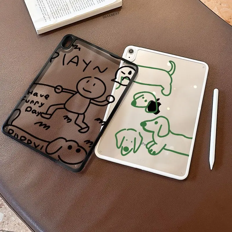 Ins Simple Transparent Line Puppy New Tablet Case For iPad Pro 11 12.9in 13 M4 9.7 10.2 5/6th 7/8/9 10 11th MINI Air 5 6 7 Case