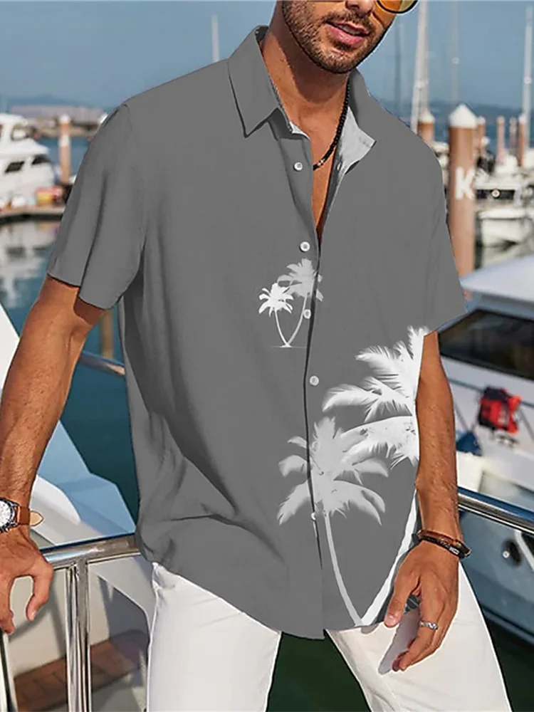 Camisa masculina de manga curta, estilo havaiano, camisa casual de verão, todos os dias, moda masculina, praia, festa, camisa masculina, estampa de árvore de coco