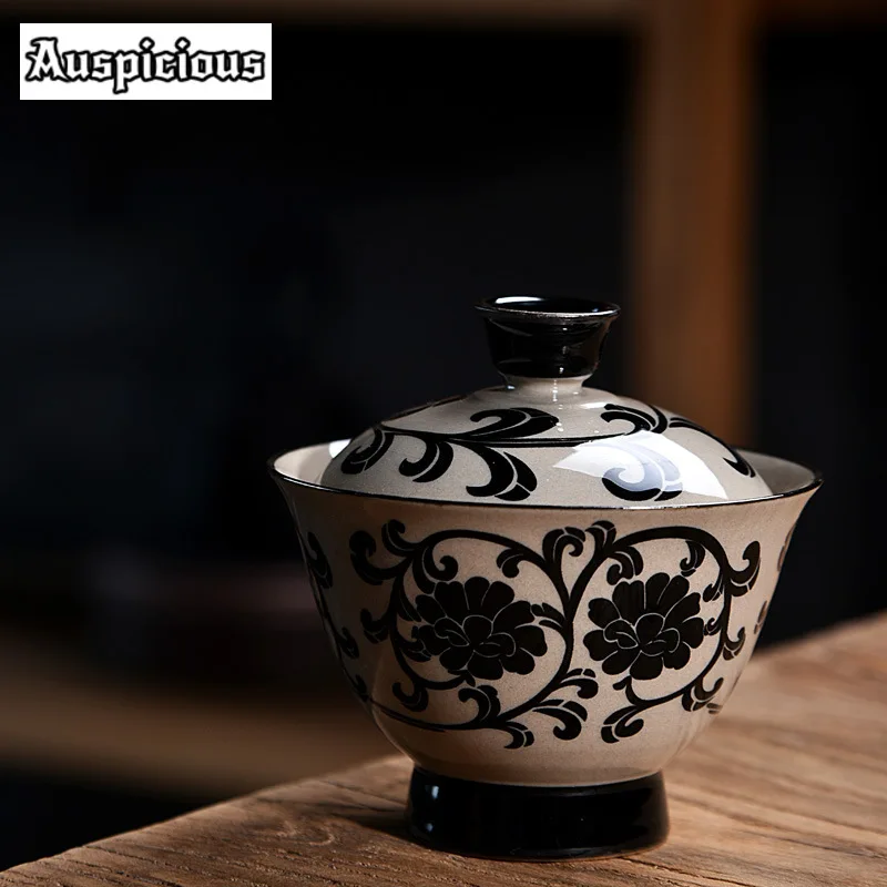 120ml Cizhou Porcelain Kiln Gaiwan  Antique Kung Fu Respecting Big Ceramic Three Talents Bowl Soaking Tea Pot Tea Brewing Kettle