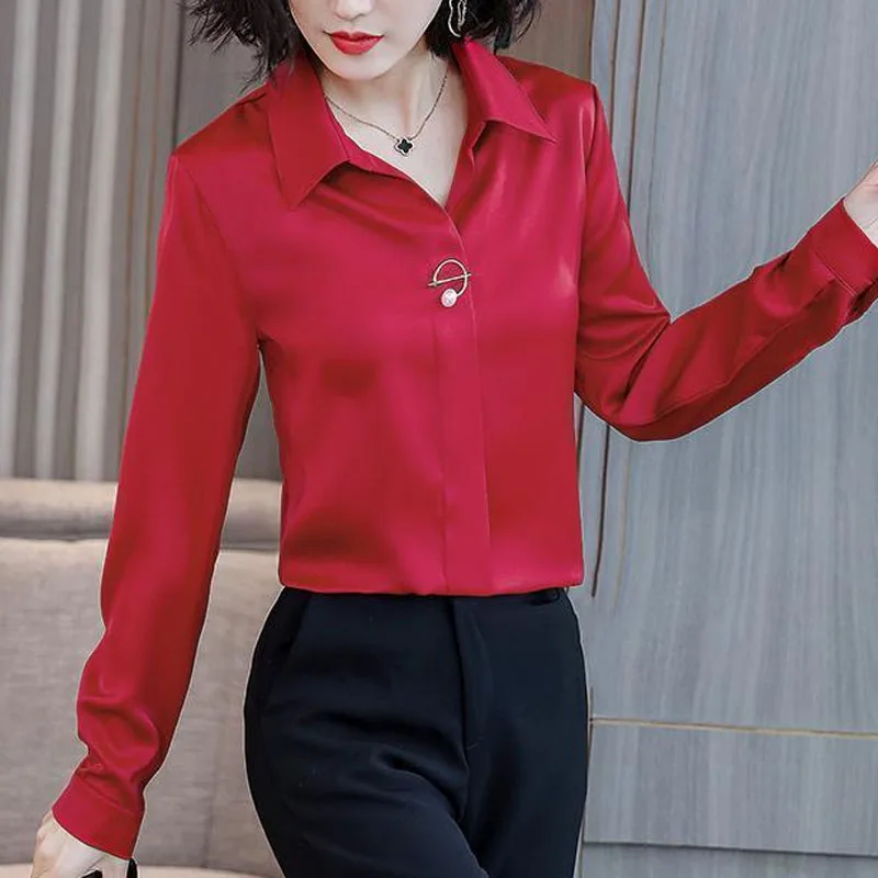 Commuter Office Lady All-match Solid Color Blouse Fashion Spring New Women\'s Long Sleeve Button Korean Turn-down Collar Shirt