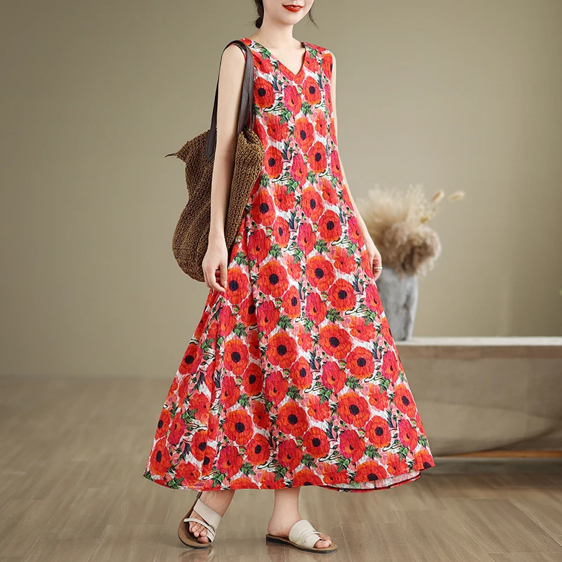 فستان صيفي 2025 مقاس كبير بدون أكمام ورقبة على شكل V، فستان طويل للنساء بتصميم نحيف على طراز السترة، فستان ميدي بطبعة رجعية م...