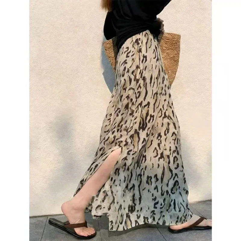 Leopard Print Long Skirt Women High Waist Split Jupe Chic Korean Saia Slim Fit Summer Chiffon Skirts 2026 Faldas Mujer De Moda