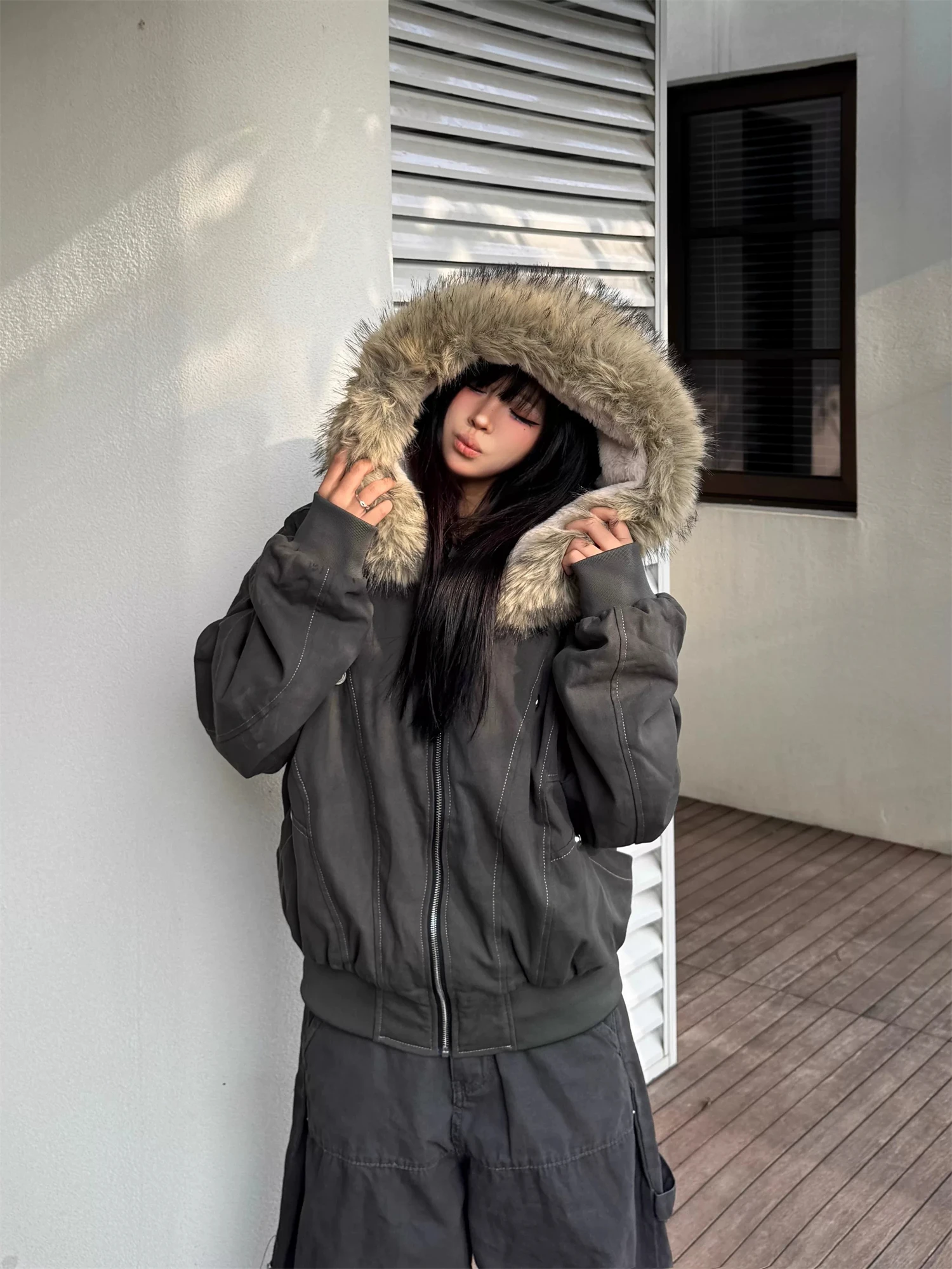 Y2K Grunge Thick Faux Fur Lined Hooded Bomber Jacket Women Long Sleeve Contrast Stitch Oversized Fall Winter Outerwear