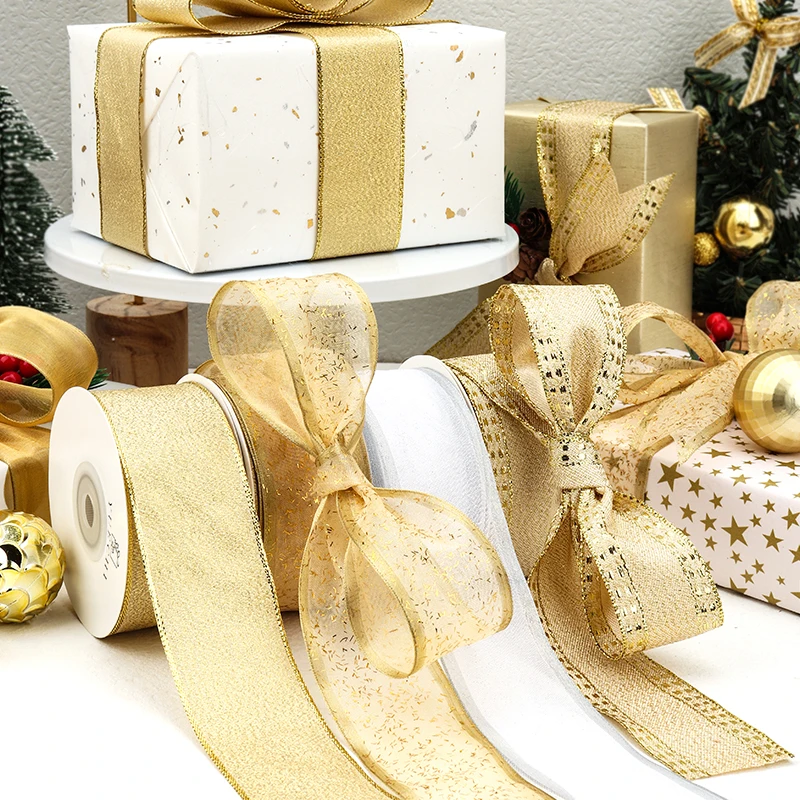 10Yds/lot 4CM wide Christmas tree decoration golden red ribbon bow ribbon gift wrapping ribbon A369