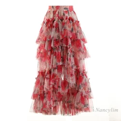 Gorgeous Floral Travel Holiday Style Gauzy Cake Skirt Women's Irregular Skirt Sweet Gentle Faldas Largas Summer 2024