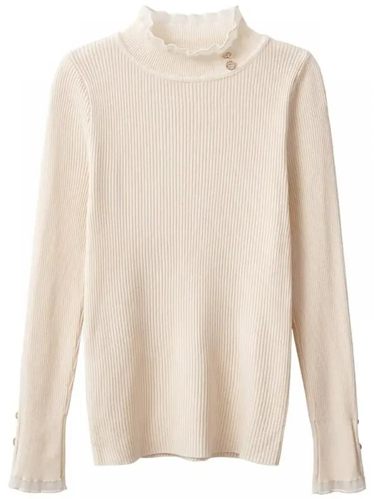 Half high collar base sweater for women  2025 autumn and winter new slim fit knitted top with lace edges sweater