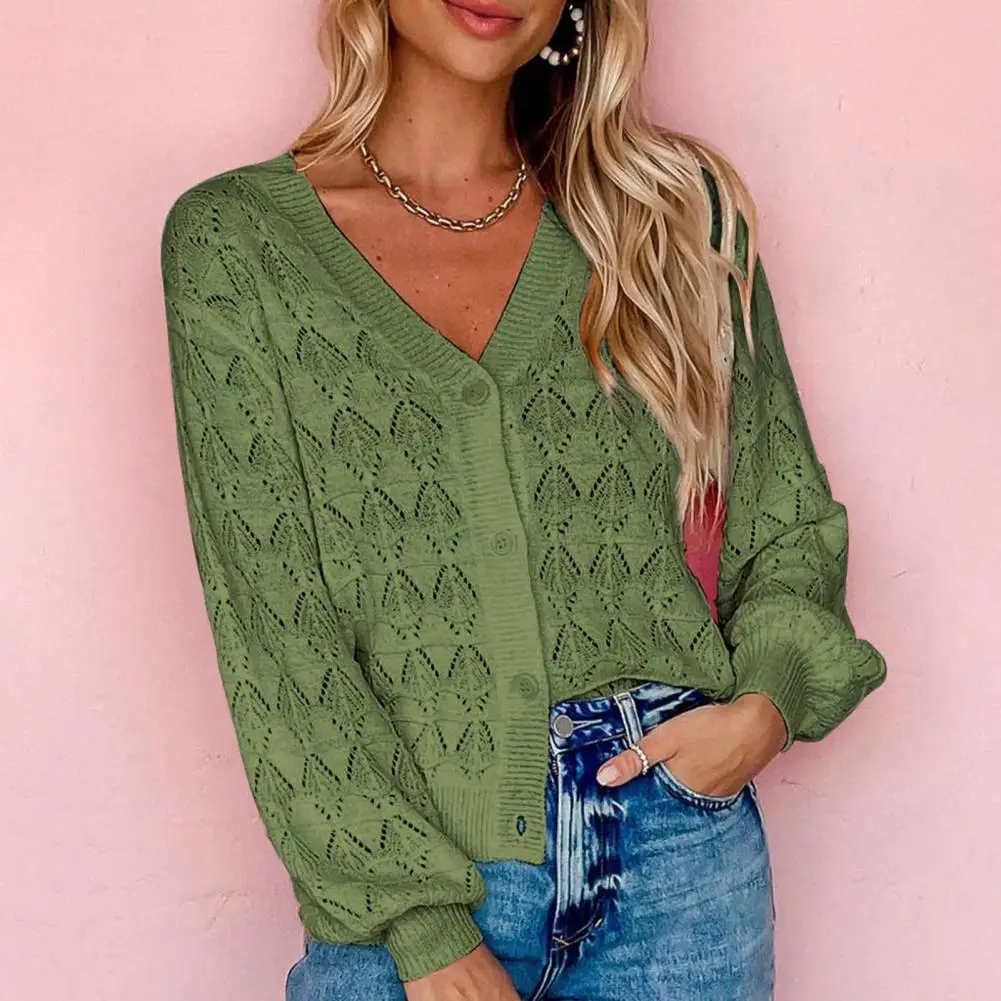 

Women Cutout Cardigan Sweater Cropped V-neck Long Sleeve Single Breasted Crochet Knit Tops Puffed Sleeve Ribbed Hem Jumpers