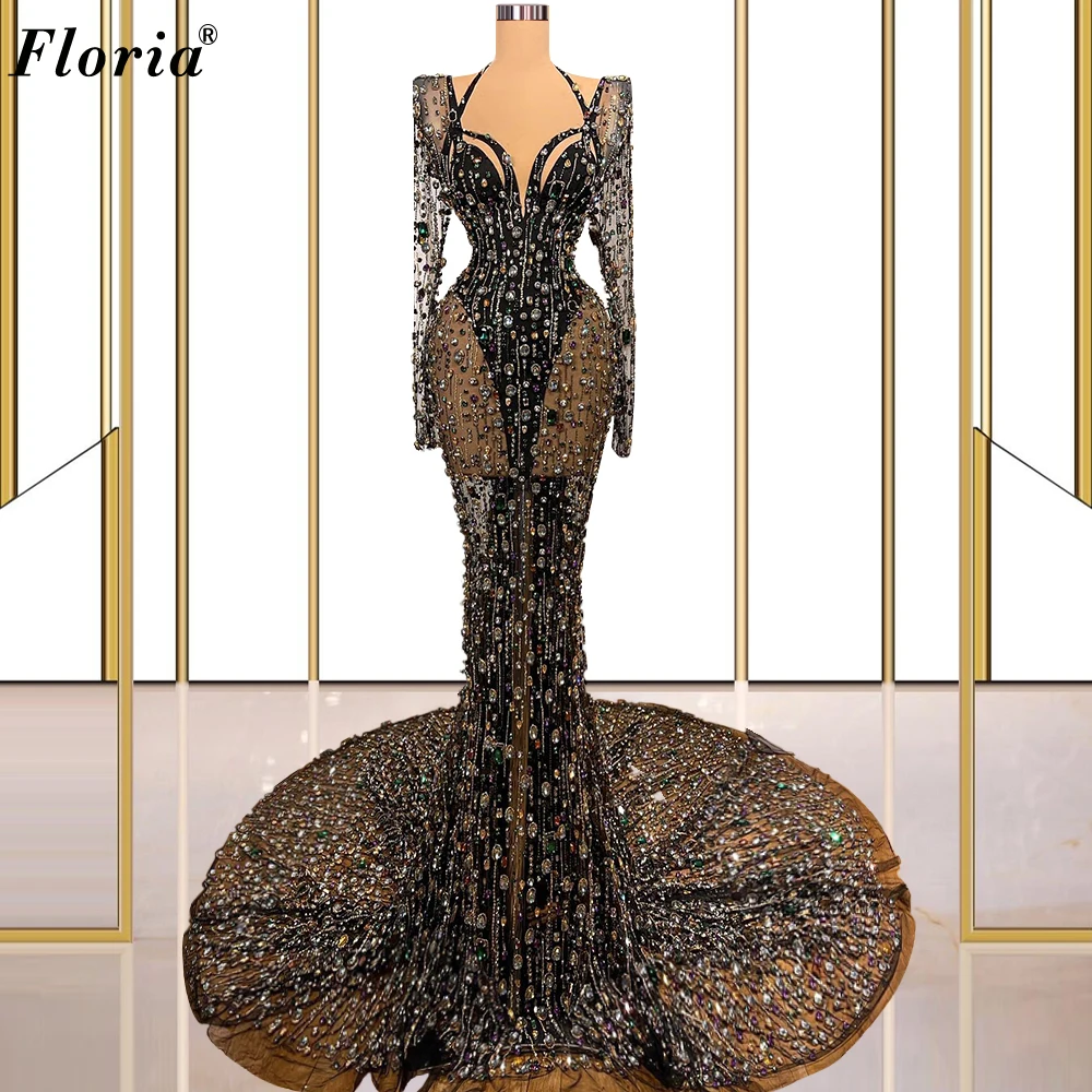 Luxury Heavy Handmade Evening Dresses Crystals Long Sleeves Evening Gowns Sexy Mermaid Celebrity Dresses Special Occasion Gowns