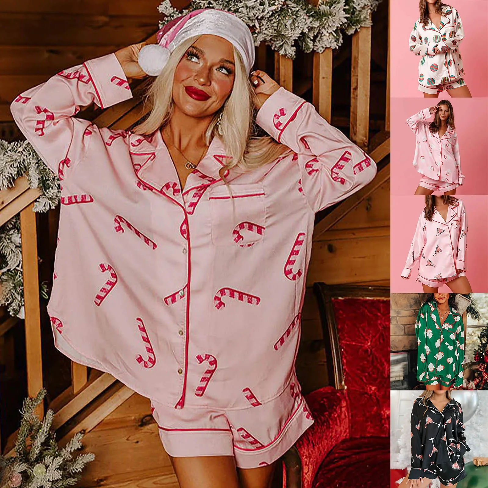 Christmas Homewear Pajamas Set Women Candy Cane Print Single Breasted Long Sleeve Shirt Top with Shorts Sleepwear Loungewear